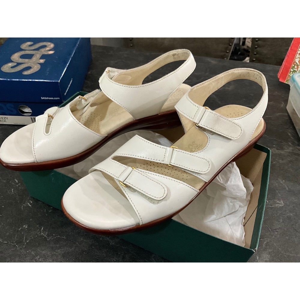 SAS Tabby White Leather Comfort Sandals Womens 8.5 S Slim Tripad Made in USA